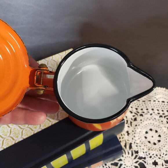 Vintage Italian Enamelware Western Bassano Orange Coffee Pot 3" Small Kettle - Picture 5 of 8